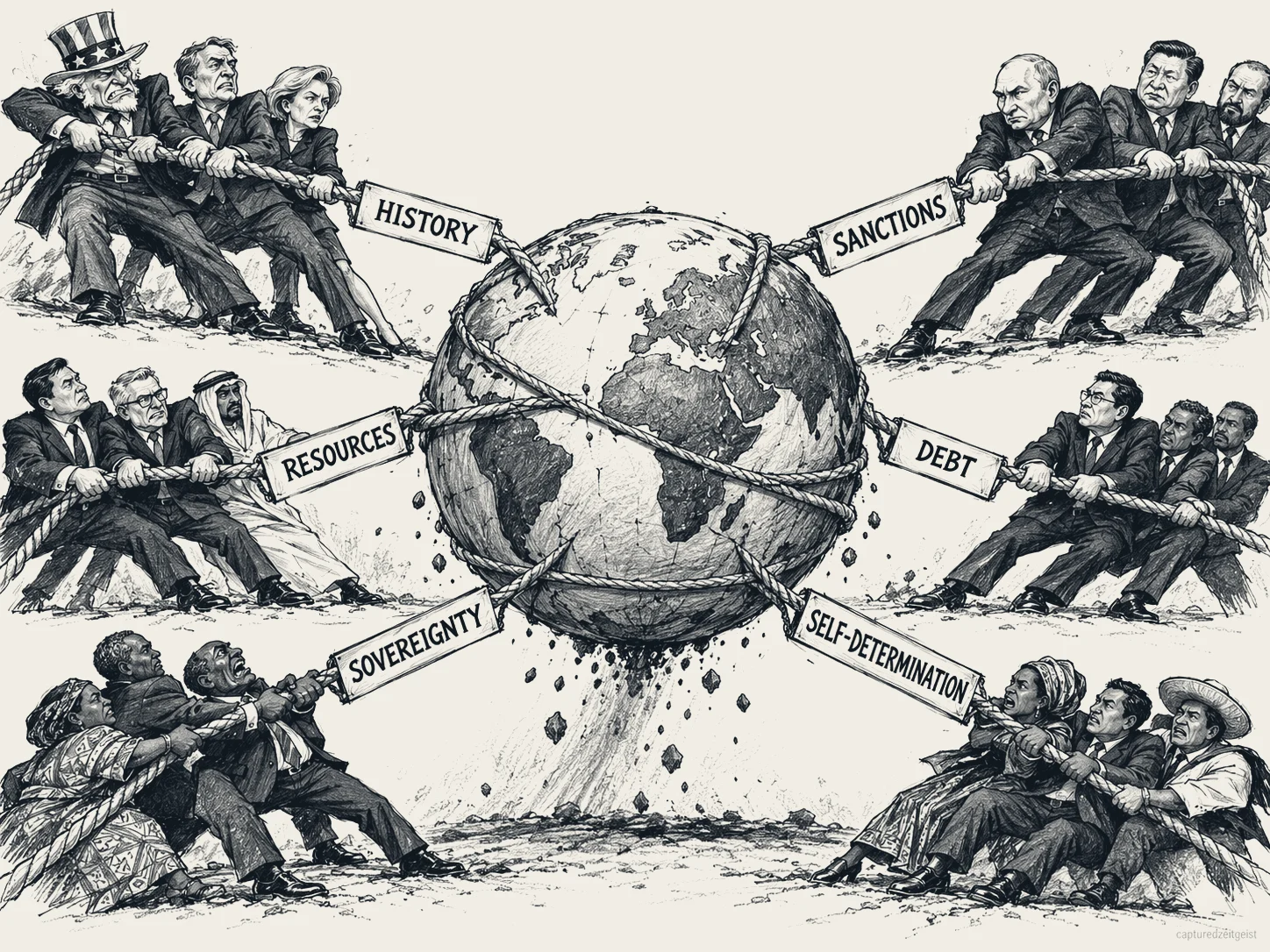Pen and ink illustration of six teams in a tug of war around a cracking globe, their ropes labelled history, sanctions, resources, debt, sovereignty and self-determination.
