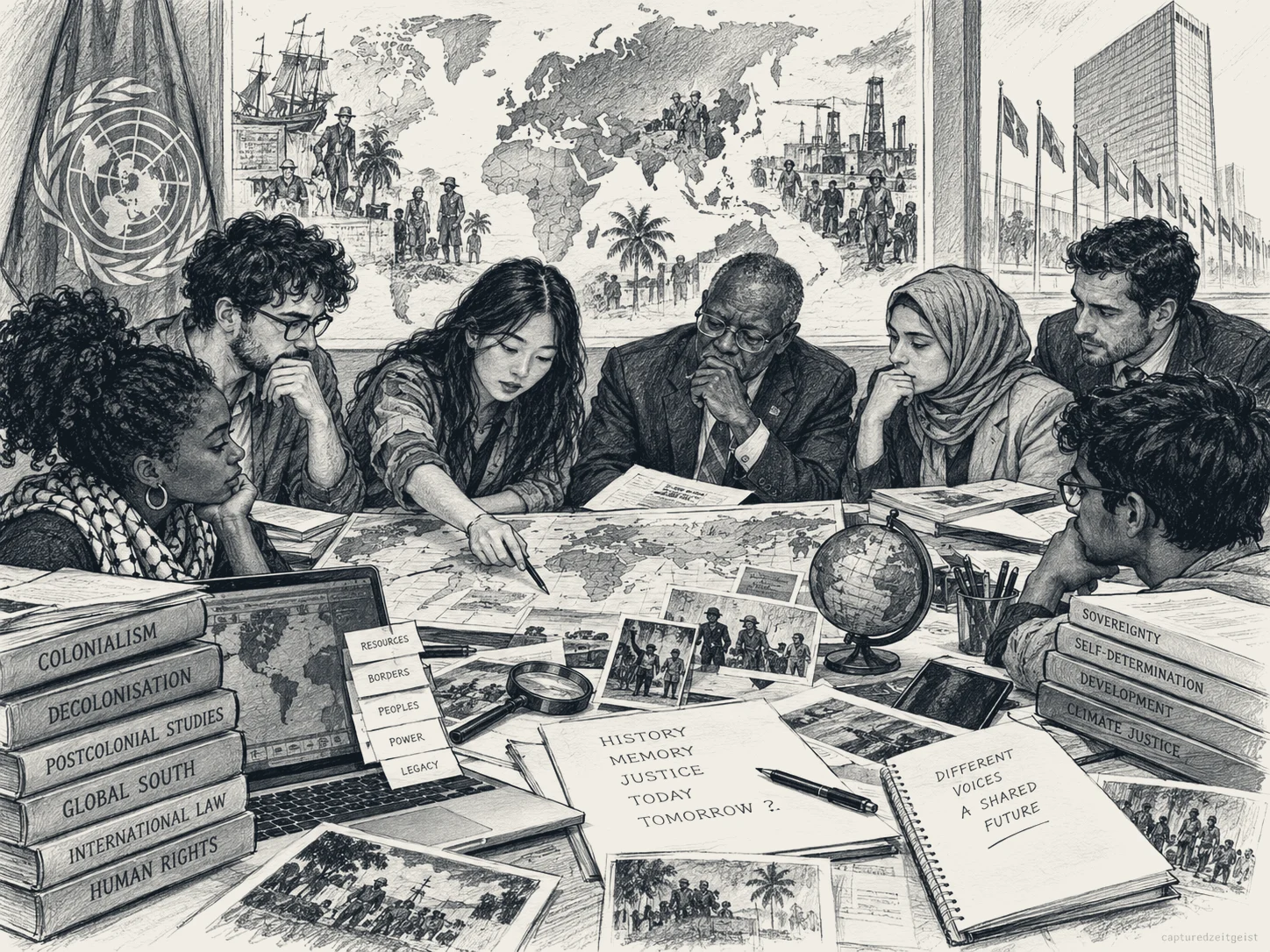 Pen and ink illustration of six people studying maps, photographs and books on colonialism, decolonisation, international law and human rights around a table, with the UN headquarters visible through the window.