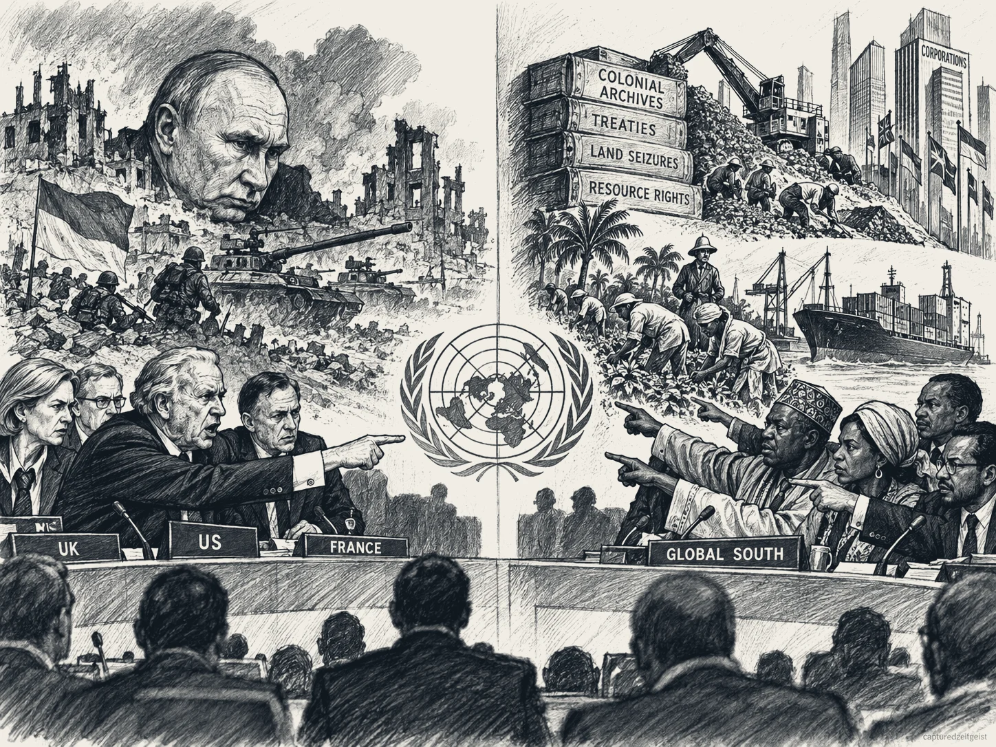 Pen and ink illustration split down the middle by the UN emblem: on one side a war of ruins and tanks beneath a stern leader's face, on the other crates marked colonial archives, treaties, land seizures and resource rights beside mines and a port. Below, delegates behind UK, US and France nameplates and a Global South nameplate point at each other.