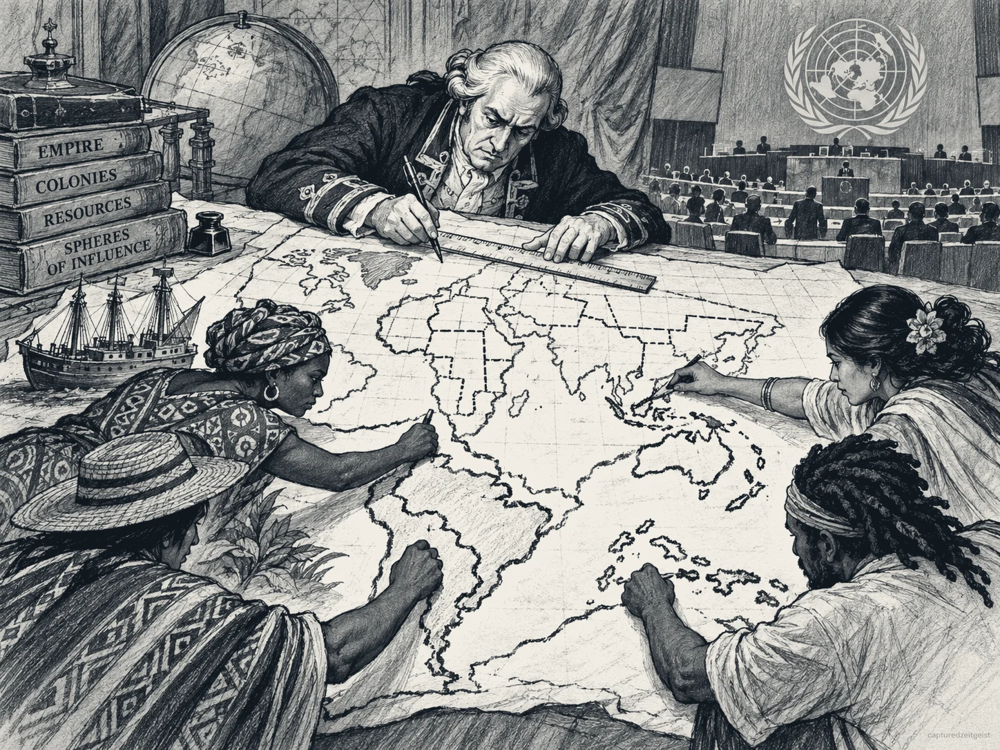 Pen and ink illustration. A bewigged official draws borders across a map with a ruler, beside books titled empire, colonies, resources and spheres of influence, while four people in the foreground trace the coastlines with their own pens.