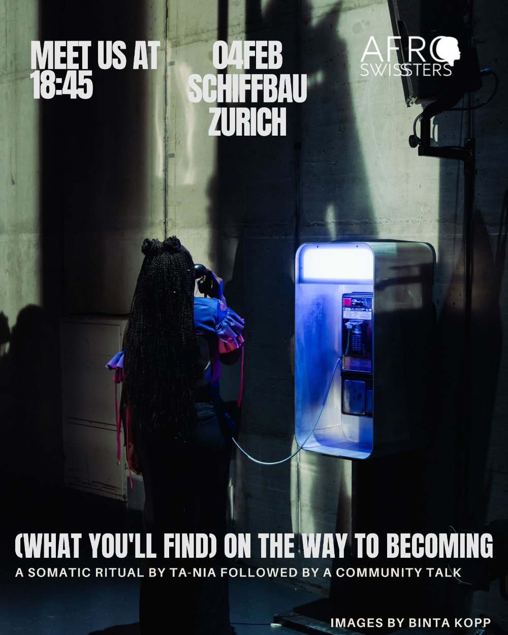 Our invitation for 4 February: a performer at a lit phone booth, with the words Meet us at 18:45, 04 Feb, Schiffbau Zurich