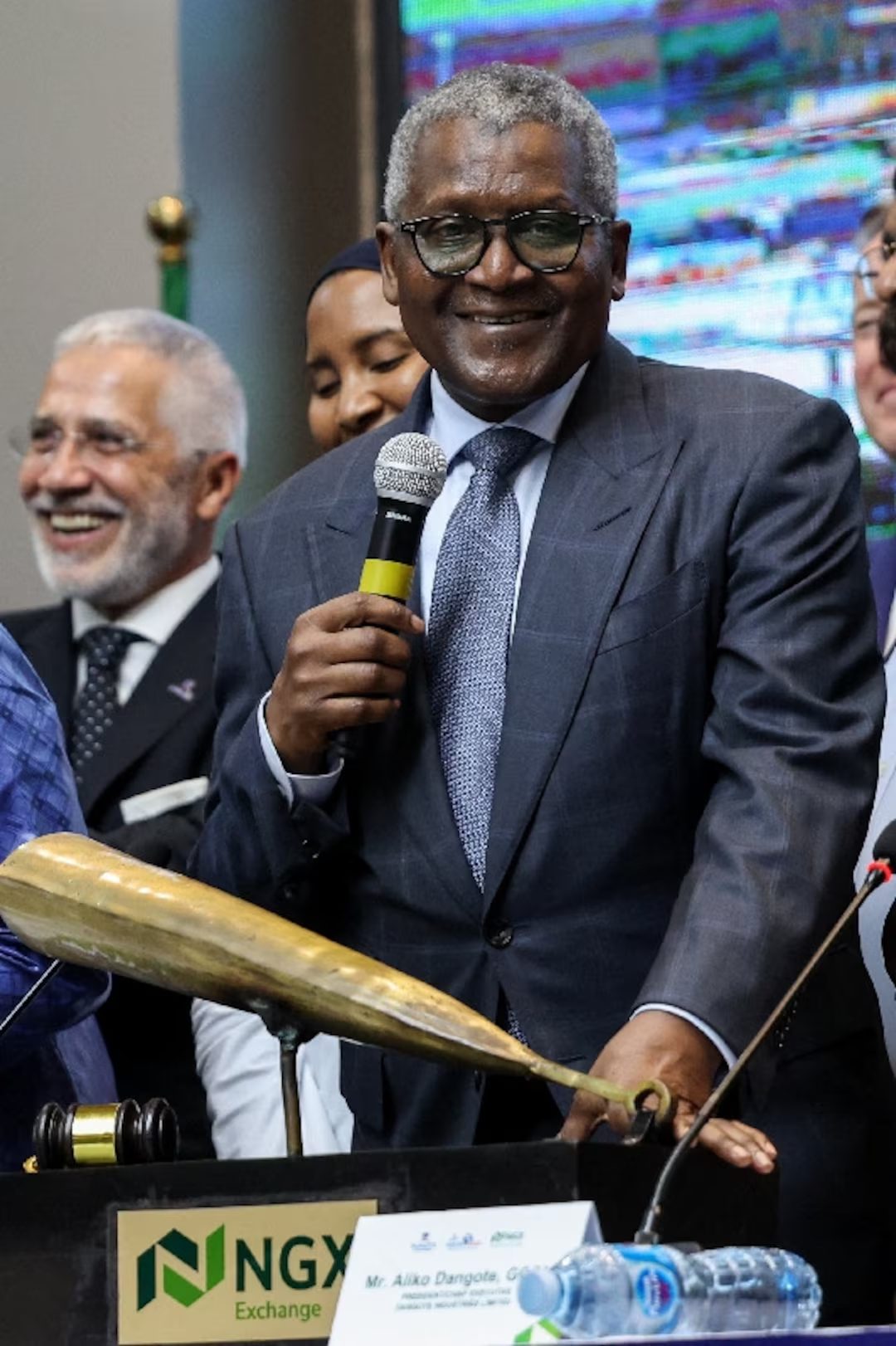 Aliko Dangote at the exchange with the ceremonial gong