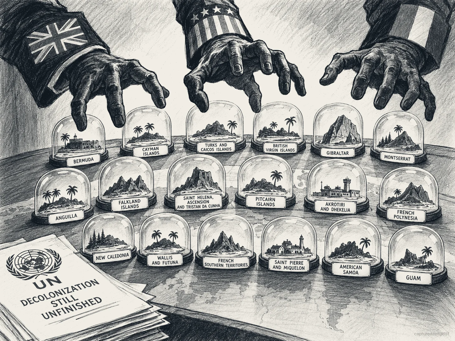 Pen and ink illustration. Hands with British, American and French cuffs reach over eighteen glass domes, each holding a labelled island or territory, beside a UN report titled Decolonization still unfinished.