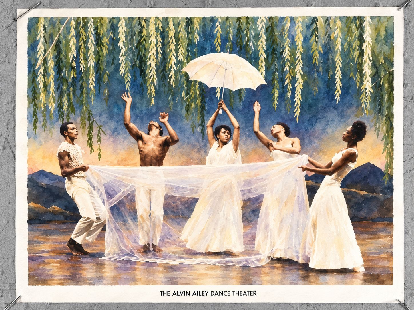 Watercolour: five dancers at the river with a length of cloth