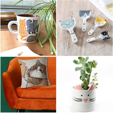 A stylish collection of cat-themed homewares, including the Literary Cat Mug, Kitty Cat Measuring Spoon Set, Paw-sitive Vibes Cushion Cover - Tabby, and Mini White Cat Planter. Perfect gifts for cat lovers who enjoy decorating their home with feline-inspired décor.