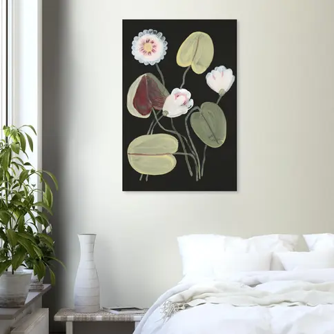 large botanical art print in a bedroom with plants