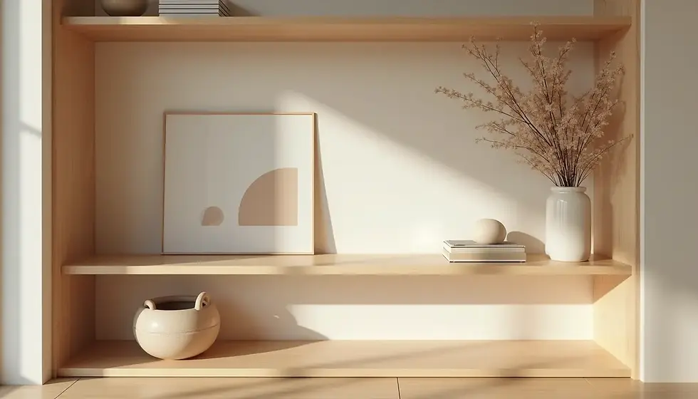 Eye-level view of a minimalist wooden shelf with Japanese-inspired decor