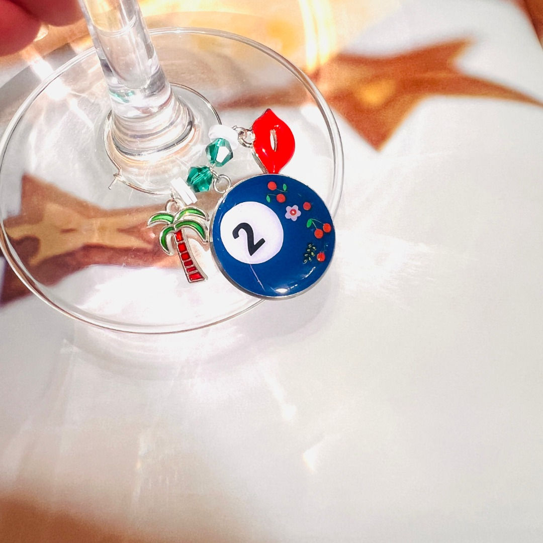 Mosaiclay Deco colorful handmade wine charms on a storage ring, unique gift for wine lovers