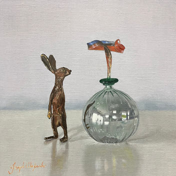 square oil painted still life of a standing brass hare and an antique perfume bottle with multicolored glass ribbon top
