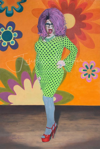 A vibrant queen wearing sparkling jewelry and a bright green, polka-dotted dress, against a 1960s-inspired backdrop.