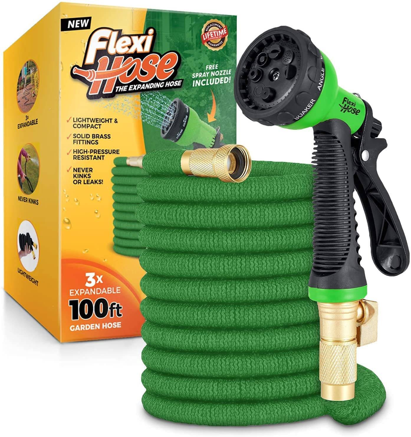 Flexi Hose with 8 Function Nozzle, 100 ft Green
