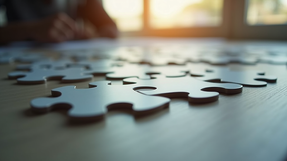Close-up view of puzzle pieces fitting together on a table