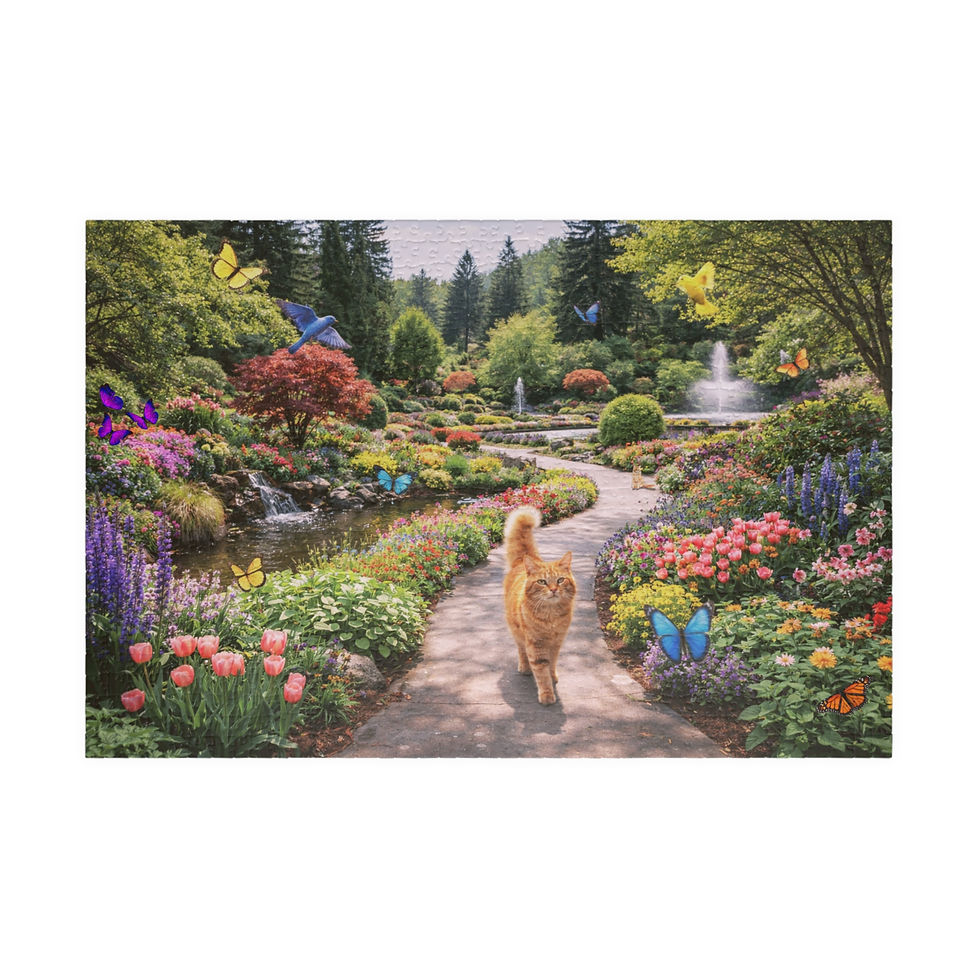 Thumbnail: Garden Path Cat Jigsaw Puzzle — Scenic Butterfly & Fountain Puzzle 