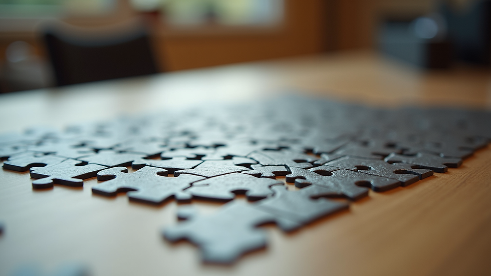 Eye-level view of a nearly completed Ravensburger jigsaw puzzle on a table
