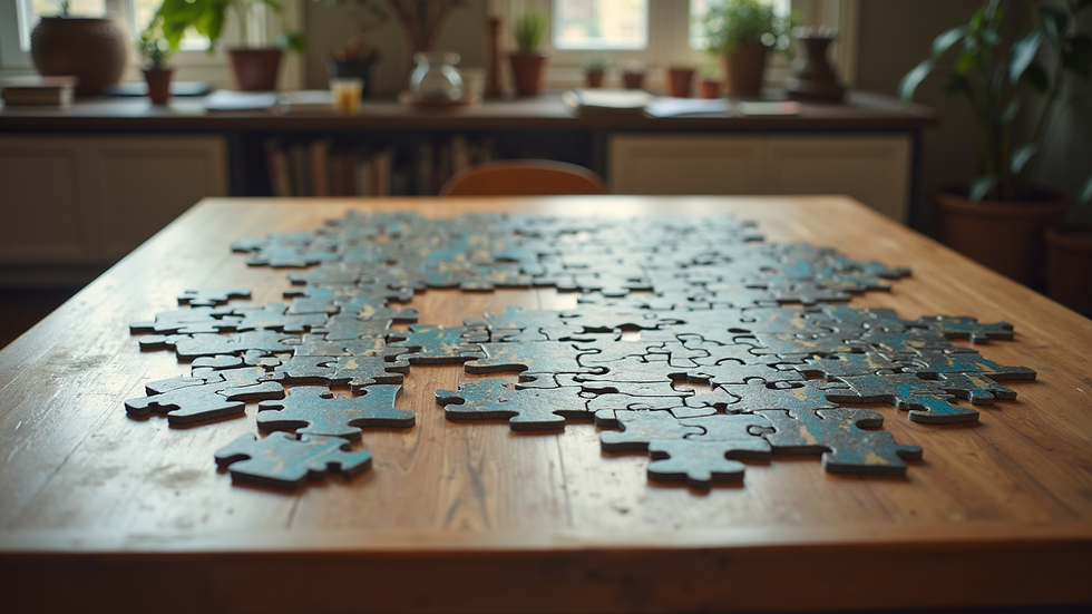 High angle view of a large puzzle partially completed on a spacious table