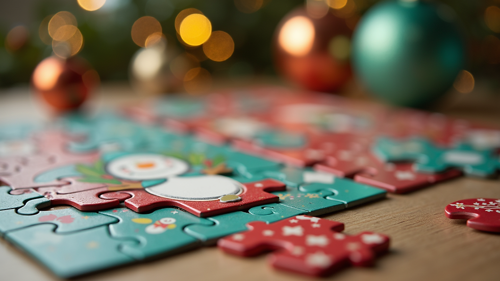 Close-up view of colorful holiday-themed puzzle pieces arranged on a wooden table