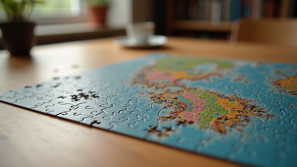 Eye-level view of a completed Ravensburger puzzle on a wooden table