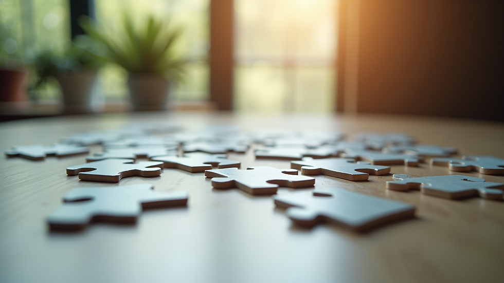 Eye-level view of a nearly completed jigsaw puzzle on a table with soft natural light