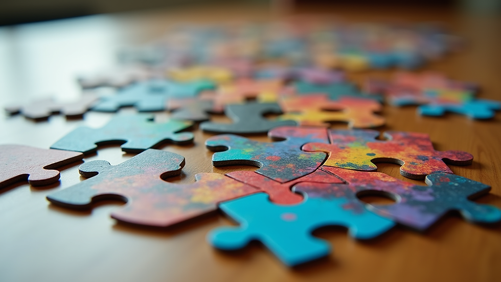Eye-level view of a colorful artistic jigsaw puzzle spread on a wooden table