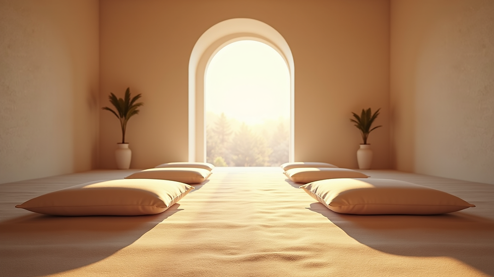 Eye-level view of a peaceful meditation space with cushions and soft lighting