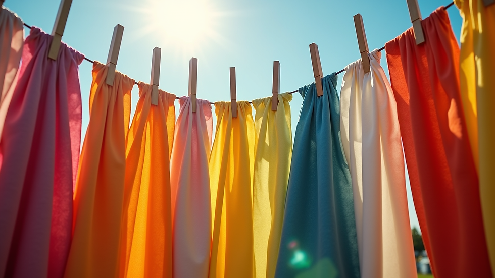 Close-up view of colourful hand-dyed fabrics hanging to dry