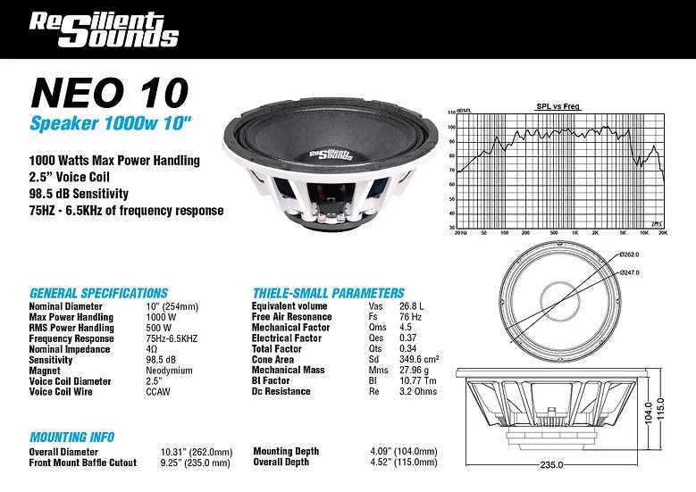 Thumbnail: Resilient Sounds NEO 10" inch  500 watt RMS 4ohm speaker