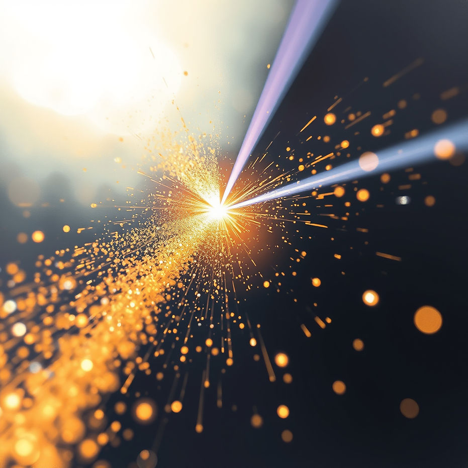 Macro artistic view of a focused laser beam fusing a stream of fine metallic powder flowin