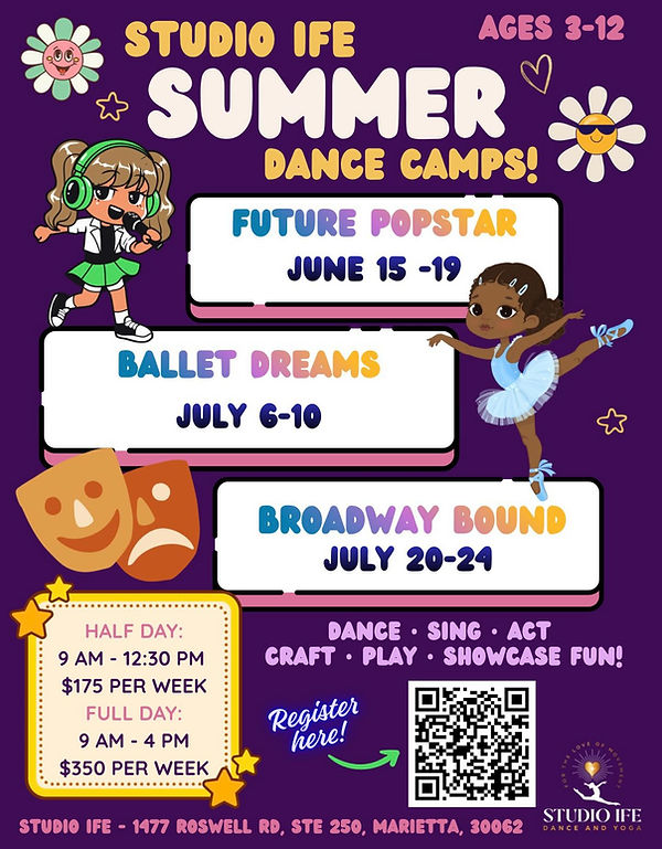 Summer Dance Camp 2026 Flyer Image. Details are listed below.