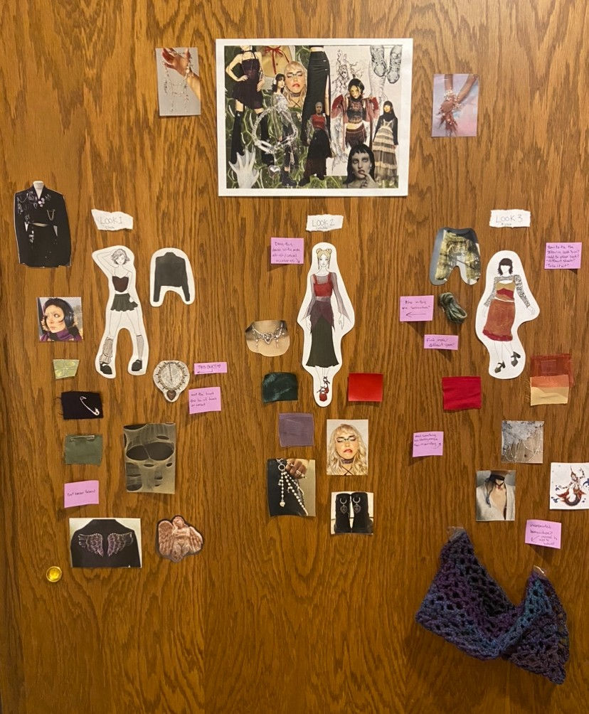 My closet door for a few months, covered in inspiration photos, first draft of designs, swatches, and ideas
