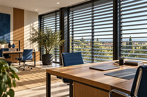 Bureau avec tables en bois et fauteuils bleus, éclairé à travers de grandes fenêtres équipées de brise-soleil orientables.