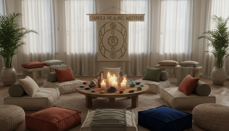 Wide-angle view of a calm meditation space with cushions arranged in a circle.