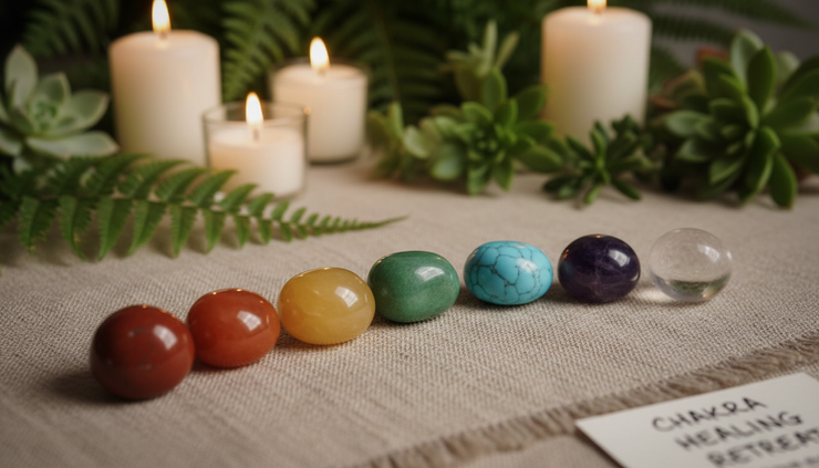 Eye-level view of seven coloured chakra stones placed in a line on natural fabric.