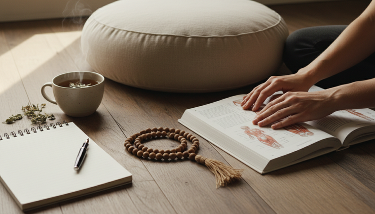Close-up of hands resting on a yoga anatomy book beside mala beads