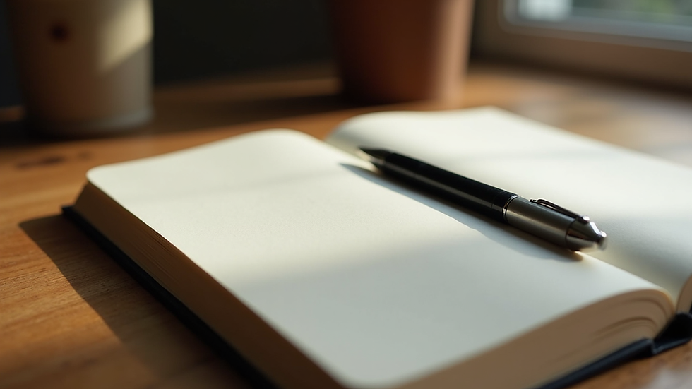 Close-up view of a journal and pen on a wooden table, symbolizing focused study and reflection