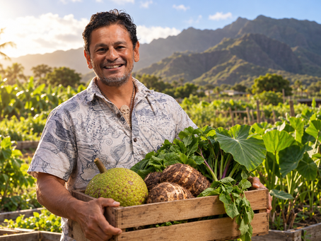 AI-generated editorial depiction of Daniel Anthony holding breadfruit, kalo and greens beside a Hawaiian growing area.
