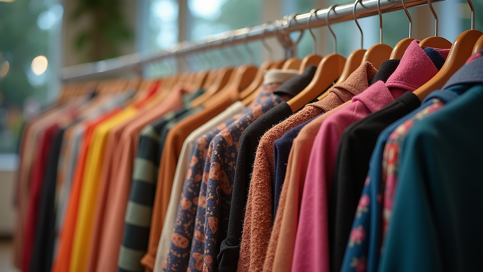 Eye-level view of a clothing rack displaying a variety of colorful garments
