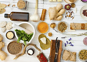 An array of herbal medicine ingredients on a white background