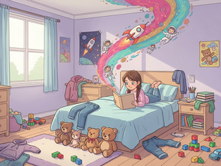 A kid reading in her room.