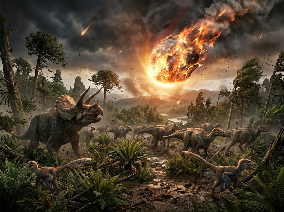 An asteroid impact ended the dinosaurs' story.