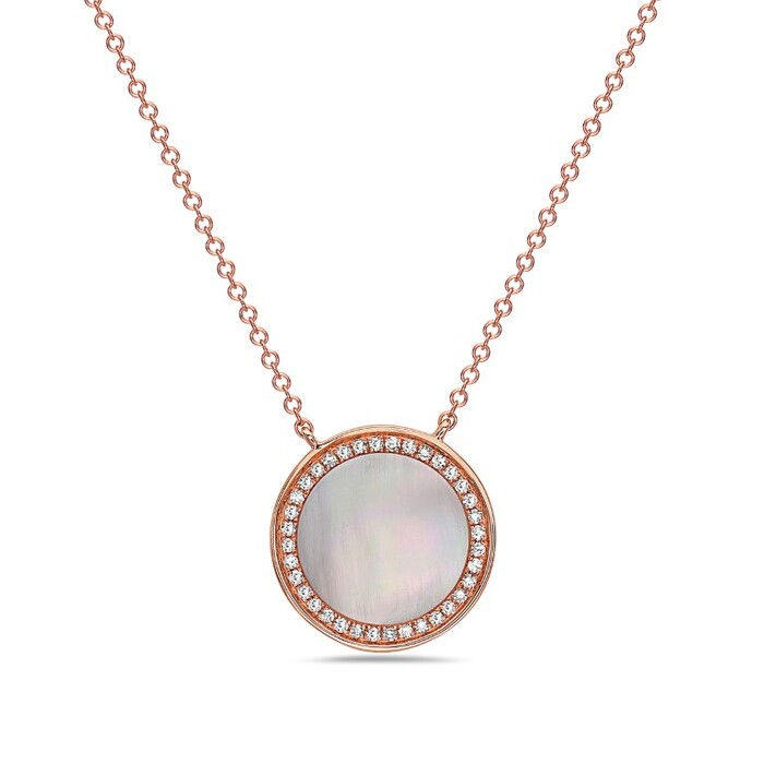 Natural Pink Mother-of-Pearl & Diamond Round Halo Necklace in 14K Rose Gold by Bassali