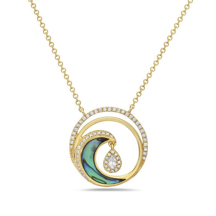 Natural Abalone & Diamond Crescent Moon Double-Halo Necklace in 14K Yellow Gold by Bassali