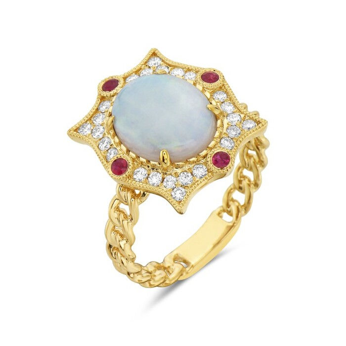 Natural Opal Ruby & Diamond Grand Octagonal Halo Ring in 14K Yellow Gold by Bassali