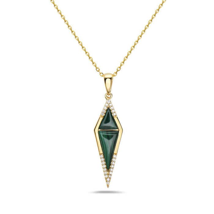 Natural Malachite & Diamond Elongated Kite Pendant in 14K Yellow Gold by Bassali