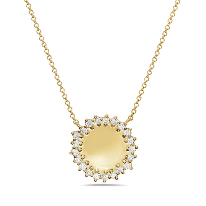 Natural Diamond Round Halo Disc Necklace in 14K Yellow Gold by Bassali