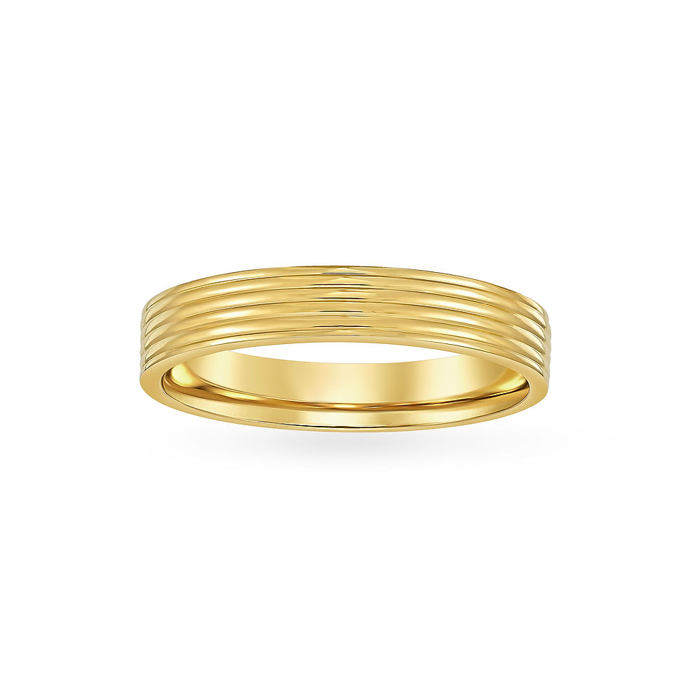 Multi-Groove Flat Band men's wedding band, 14K yellow gold, 4 mm front view, Midas MB000468
