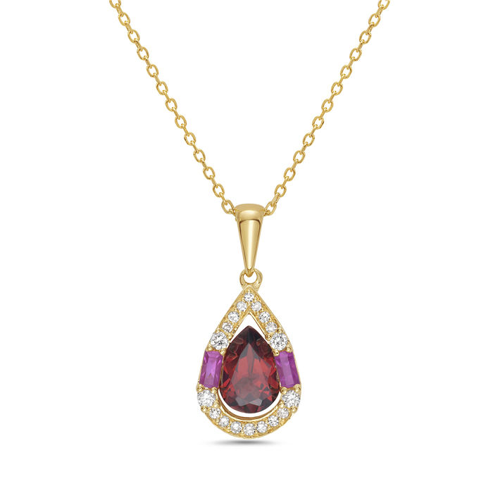 Natural Garnet & Pink Sapphire Pear Halo Pendant in 14K Yellow Gold by Bassali