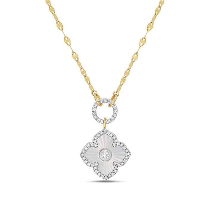 Natural Mother-of-Pearl & Diamond Quatrefoil Drop Necklace in 14K Yellow Gold by Bassali