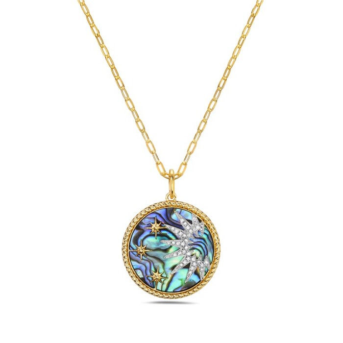 Natural Abalone & Diamond Starburst Night Sky Necklace in 14K Yellow Gold by Bassali
