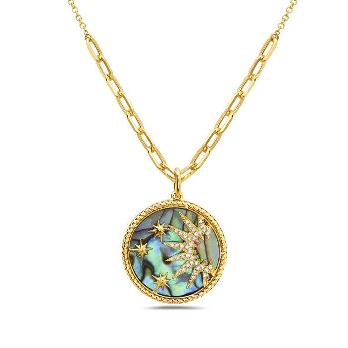 Natural Abalone & Diamond Celestial Starburst Necklace in 14K Yellow Gold by Bassali