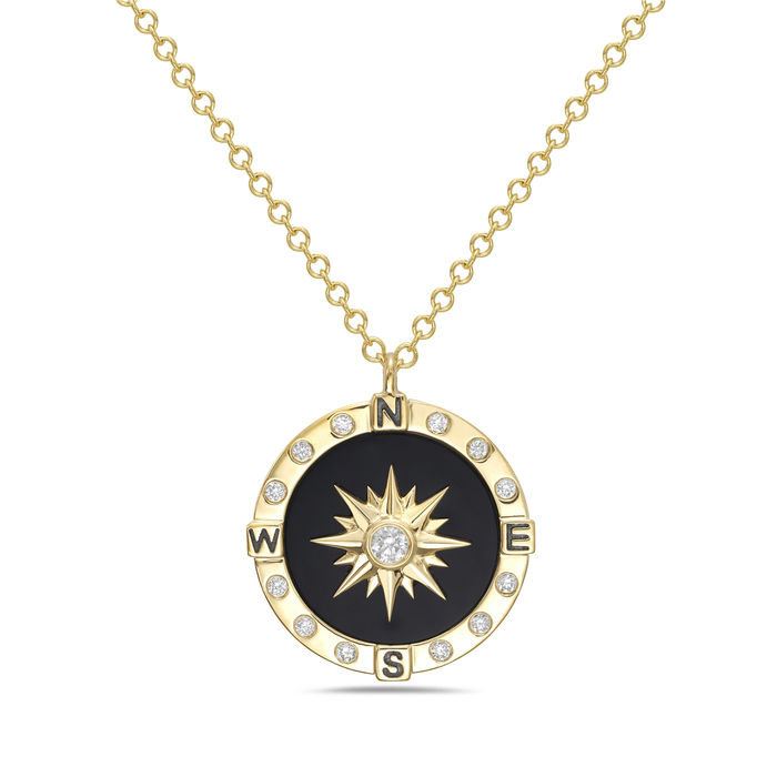 Natural Black Agate Compass Medallion Necklace in 14K Yellow Gold by Bassali